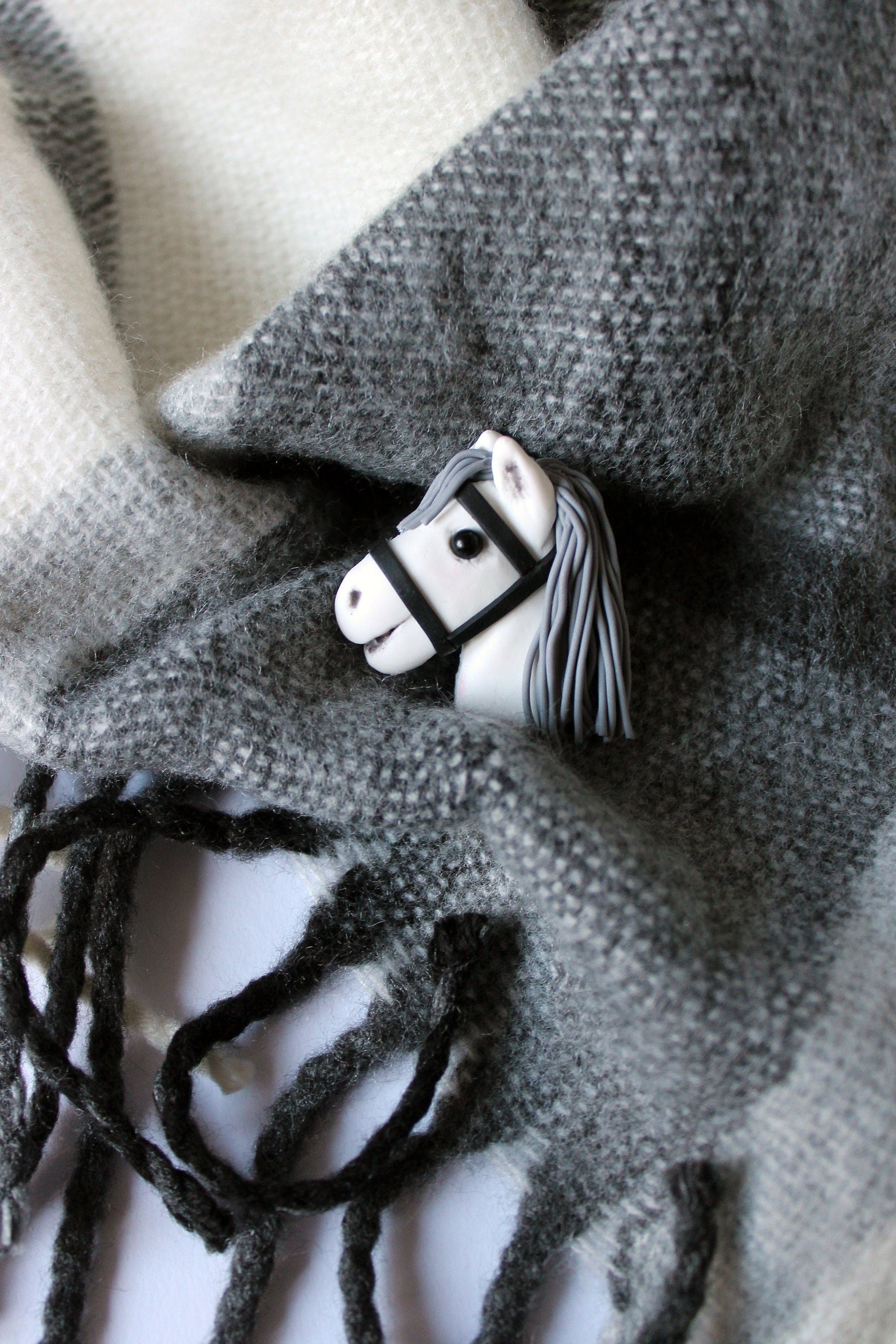 Brooch of real hobbyhorser / brooch with stickhorce’s head / polymer clay brooch White / ACE