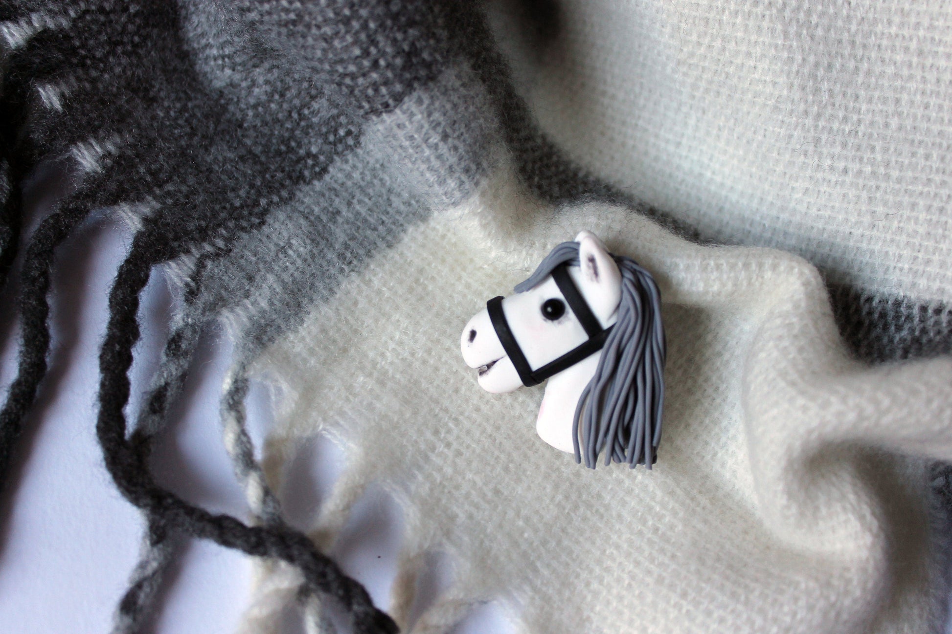 Brooch of real hobbyhorser / brooch with stickhorce’s head / polymer clay brooch White / ACE
