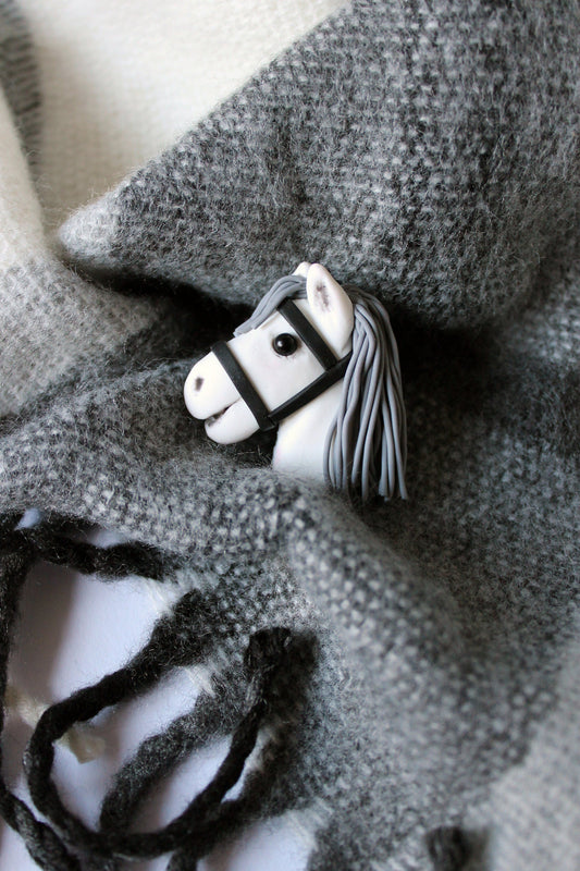 Brooch of real hobbyhorser / brooch with stickhorce’s head / polymer clay brooch White / ACE