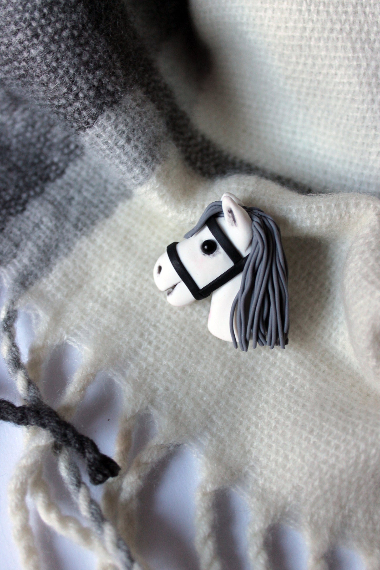 Brooch of real hobbyhorser / brooch with stickhorce’s head / polymer clay brooch White / ACE